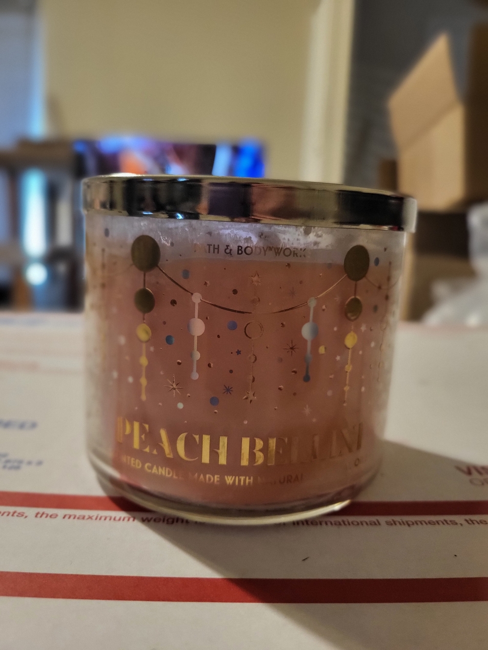 Bath & Body Works Peach Bellini 3-Wick Candle - Soft Pink with Gold Accents